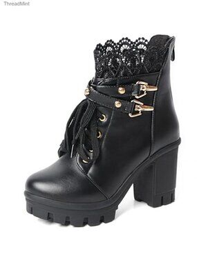 Platform Combat Boots Chunky Heel Ankle Booties PU Leather Lace Zip Goth Shoes